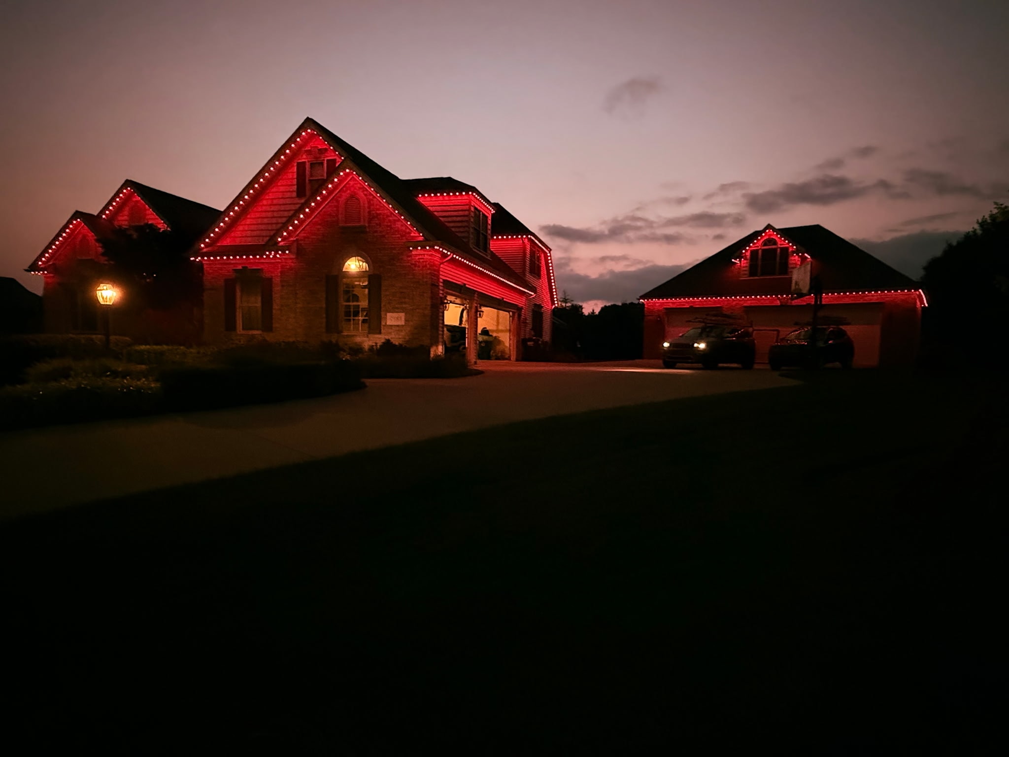 Trim lighting on a home at night in Northeast Ohio